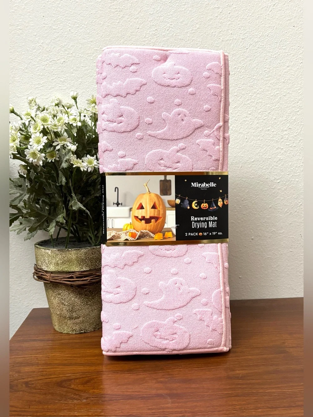 HALLOWEEN DISH DRYING MATS SET OF 2 REVERSIBLE PINK SCULPTED GHOST PUMPKIN BAT